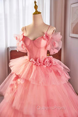 Pink Spaghetti Strap Tulle Long Evening Prom Dress, Beautiful A-Line Formal Sweet 16 Dress