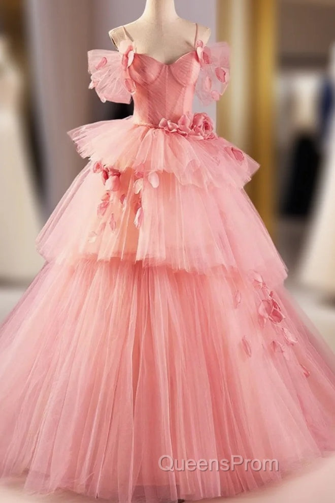 Pink Spaghetti Strap Tulle Long Evening Prom Dress, Beautiful A-Line Formal Sweet 16 Dress Main image