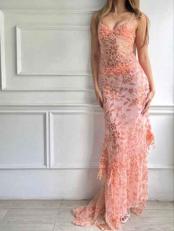 Pink Spaghetti Straps Lace Beading Gorgeous Mermaid Classy Evening Dress