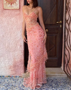 Pink Spaghetti Straps Lace Beading Gorgeous Mermaid Classy Evening Dress
