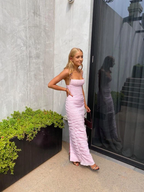 Pink Spaghetti Straps Pleated Long Party Dress Wedding Guest Dress