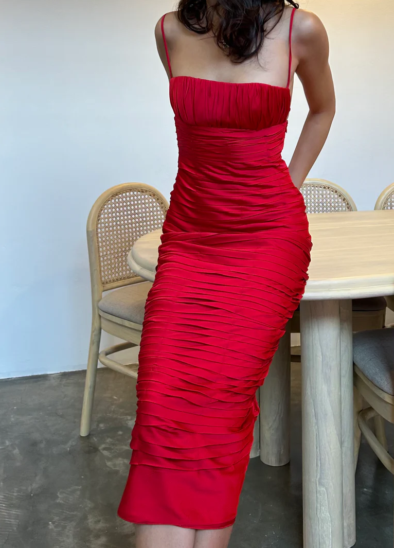 Pink Spaghetti Straps Pleated Long Party Dress Wedding Guest Dress