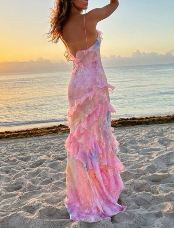 Pink Spaghetti Straps Backless Ruffles Long Classy Prom Dress Secondary image