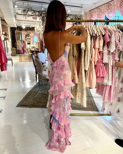 Pink Spaghetti Straps Backless Ruffles Long Classy Prom Dress