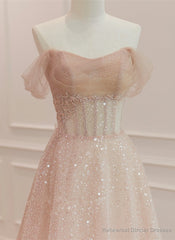 Pink Sparkle Tulle with Beadings Long A-line Formal Dress, Pink Tulle Sweetheart Prom Dress