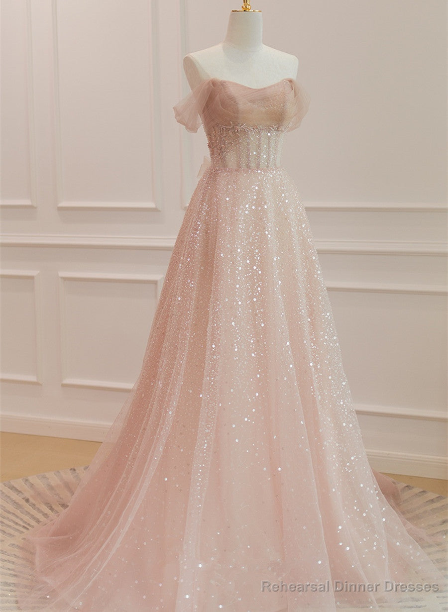 Pink Sparkle Tulle with Beadings Long A-line Formal Dress, Pink Tulle Sweetheart Prom Dress Main image
