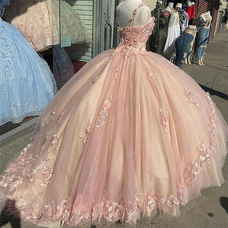 Pink Sparkly Quinceanera Classy Prom Dress Lace Flower Sweet 16 Tulle Party Ball Gown Main image