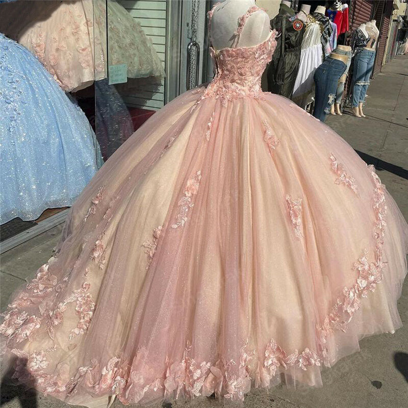 Pink Sparkly Quinceanera Classy Prom Dress Lace Flower Sweet 16 Tulle Party Ball Gown