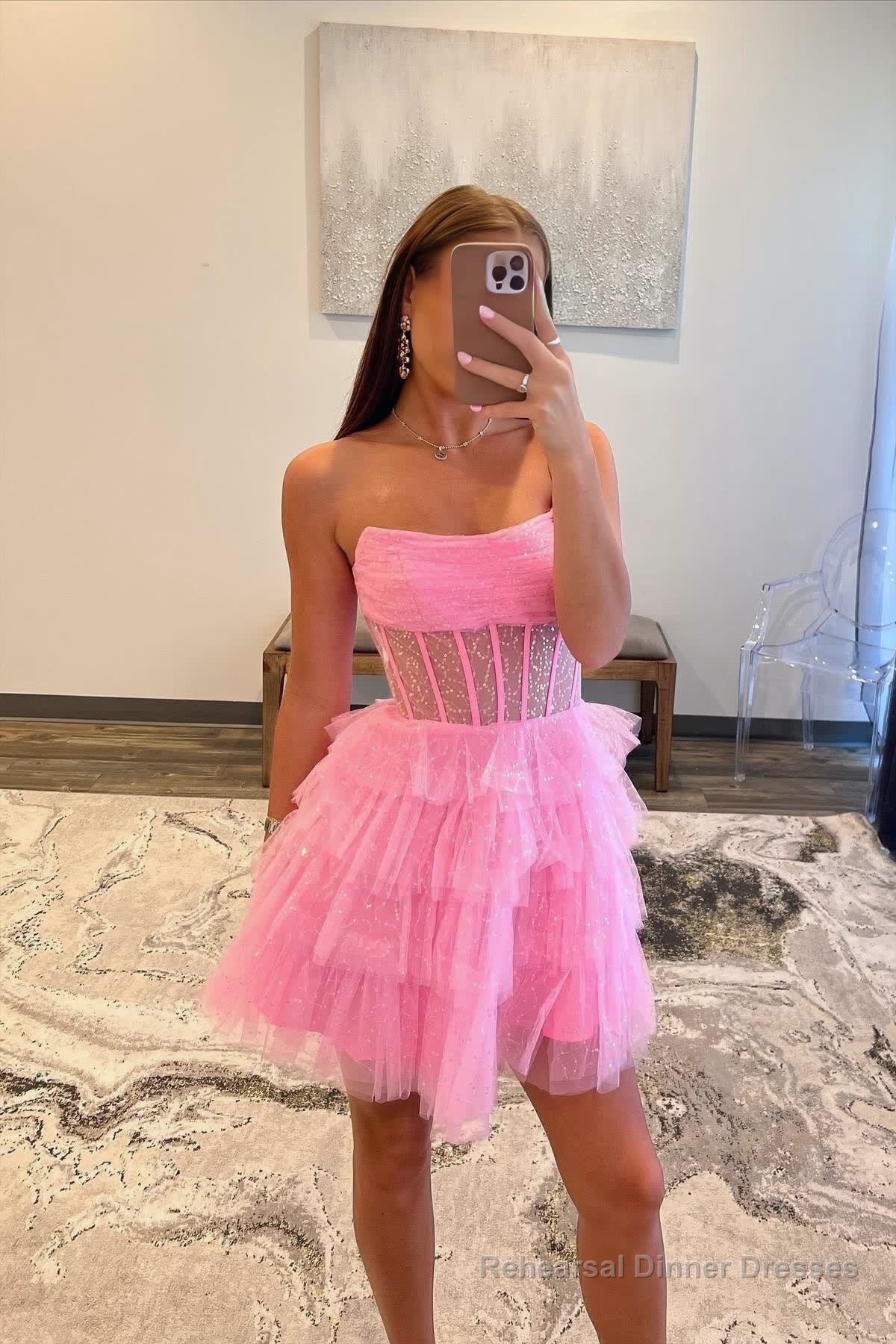 Pink Sparkly Strapless Multi-Layers Tulle Homecoming Dress Main image