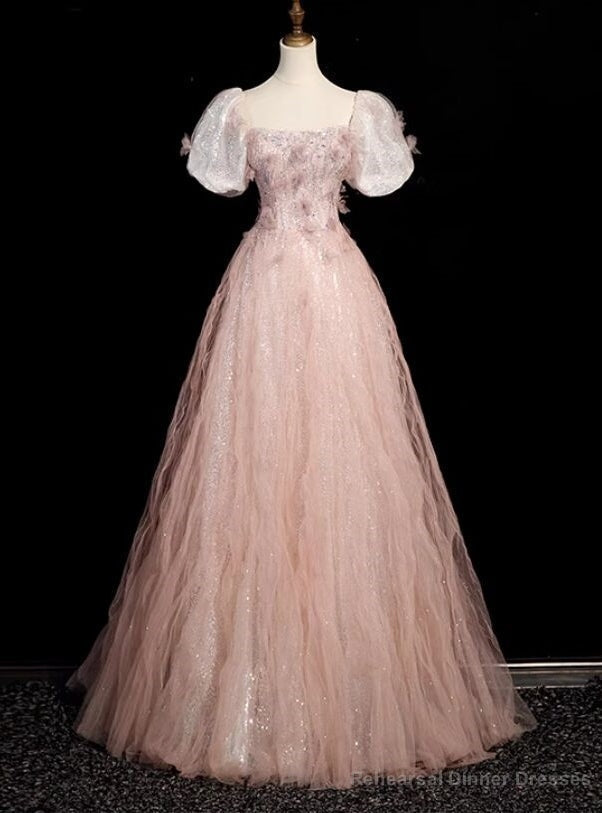 Pink Square Neck Tulle Sequins Puff Sleeve Beading Prom Dress Main image