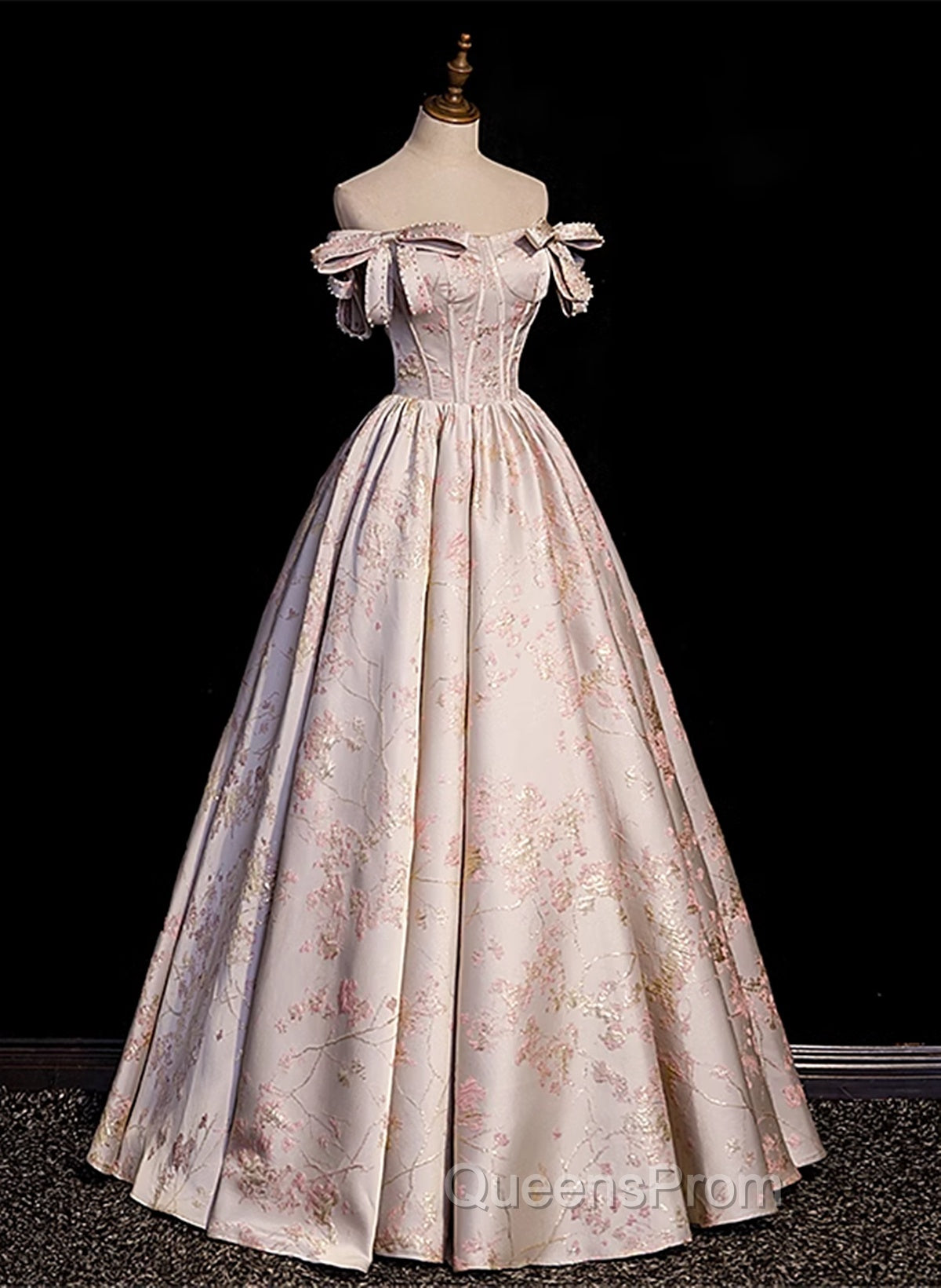 Pink Statin Off Shoulder Floral Long Party Dress, Pink Sweetheart Evening Prom Dress Evening Dress