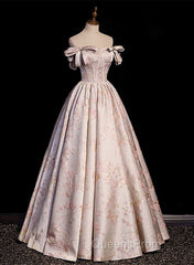 Pink Statin Off Shoulder Floral Long Party Dress, Pink Sweetheart Evening Prom Dress Evening Dress