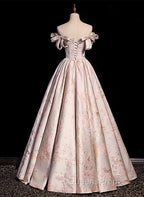 Pink Statin Off Shoulder Floral Long Party Dress, Pink Sweetheart Evening Prom Dress Evening Dress