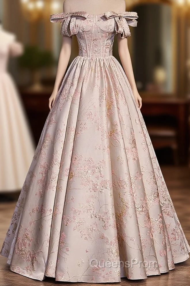 Pink Statin Off Shoulder Floral Long Party Dress, Pink Sweetheart Evening Prom Dress Evening Dress Main image