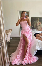 Elegant Pink Strapless 3D Flowers Tulle Mermaid Long Classy Prom Dress With Slit