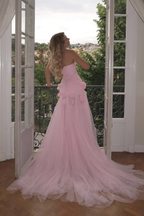 Elegant Pink Strapless 3D Flowers Tulle Mermaid Long Classy Prom Dress With Slit