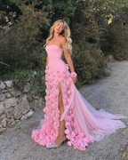 Elegant Pink Strapless 3D Flowers Tulle Mermaid Long Classy Prom Dress With Slit