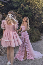 Elegant Pink Strapless 3D Flowers Tulle Mermaid Long Classy Prom Dress With Slit