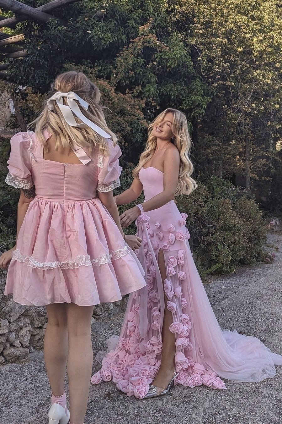 Elegant Pink Strapless 3D Flowers Tulle Mermaid Long Classy Prom Dress With Slit