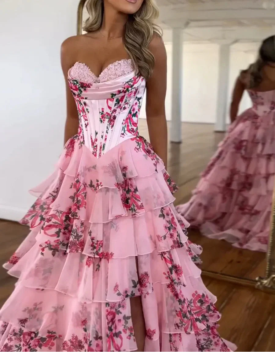 Pink Strapless A-Line Printing Tiered Chiffon Floral Long Classy Prom Dress Secondary image