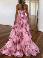 Pink Strapless A-Line Printing Tiered Chiffon Floral Long Classy Prom Dress