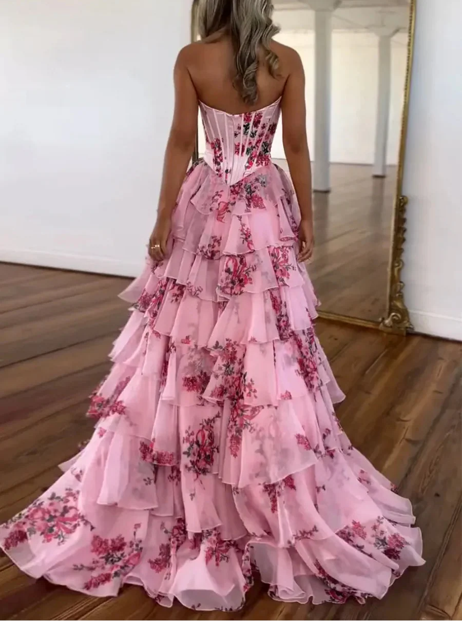 Pink Strapless A-Line Printing Tiered Chiffon Floral Long Classy Prom Dress