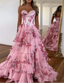 Pink Strapless A-Line Printing Tiered Chiffon Floral Long Classy Prom Dress