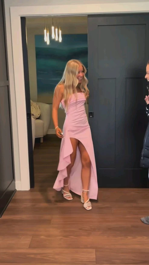 Pink Strapless Lovely Ruffle Party Dress With Split