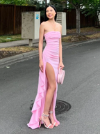 Pink Strapless Lovely Ruffle Party Dress With Split