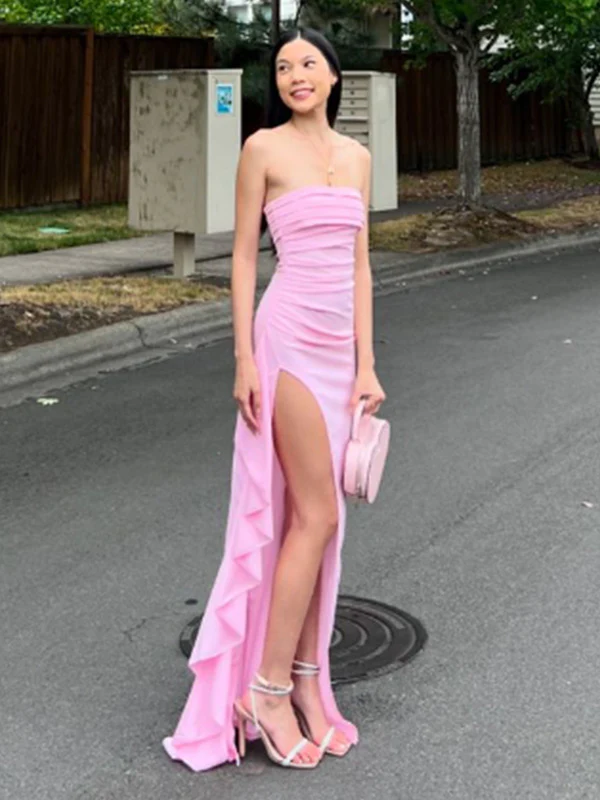 Pink Strapless Lovely Ruffle Party Dress With Split