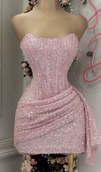 Pink Strapless Sequins Party Dress Mini Homecoming Dress Birthday Outfits
