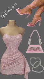 Pink Strapless Sequins Party Dress Mini Homecoming Dress Birthday Outfits