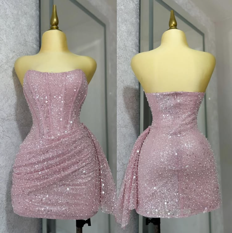 Pink Strapless Sequins Party Dress Mini Hoco Dress Birthday Outfits