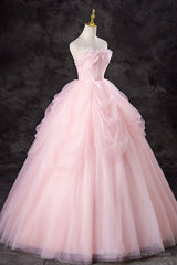 Pink Strapless Tulle Floor Length Prom Dress, Lovely A-Line Evening Party Dress