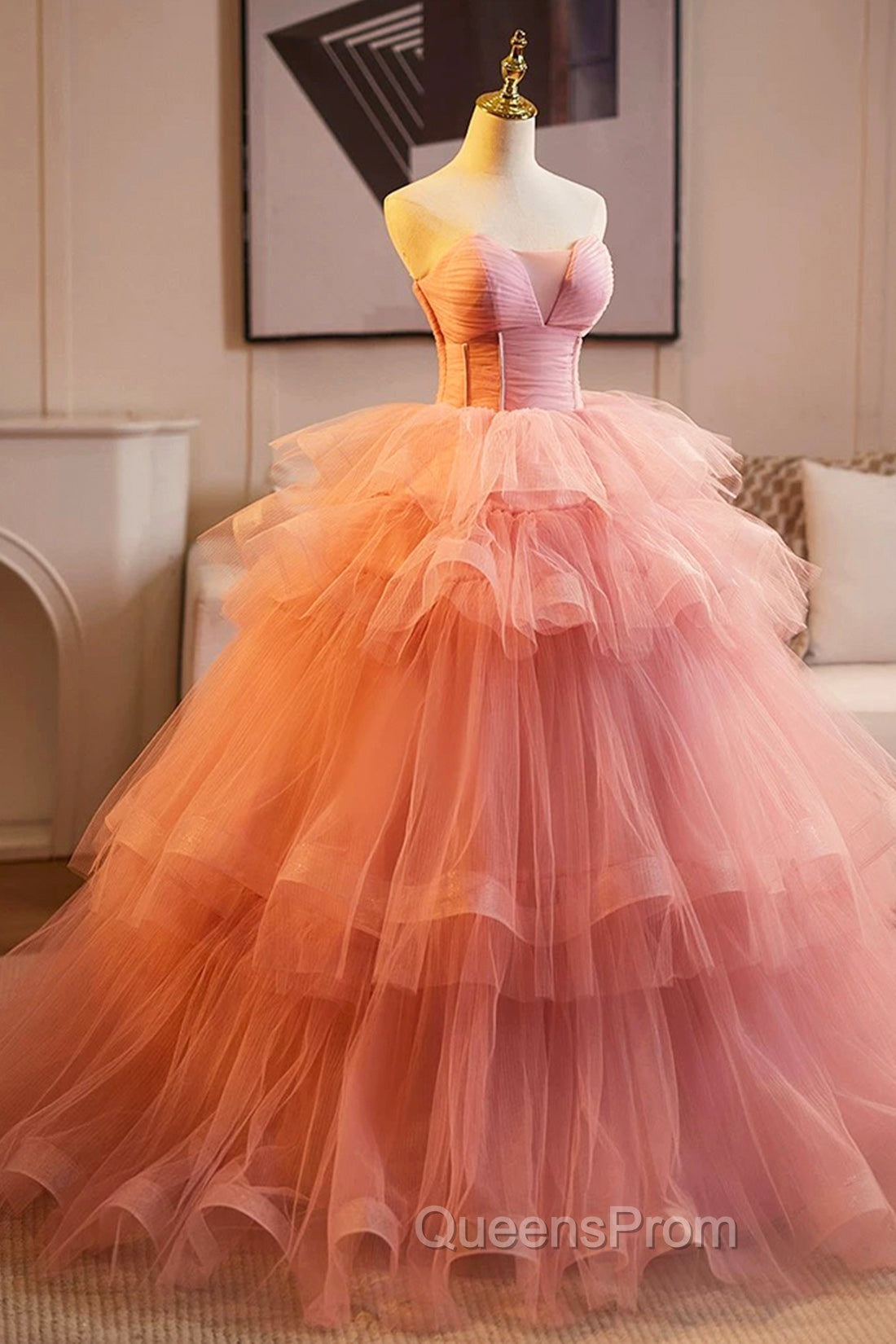 Pink Strapless Tulle Layers Ruffles Long Evening Prom Evening Dress, Pink Sweet 16 Dress Secondary image