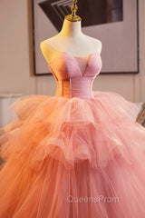Pink Strapless Tulle Layers Ruffles Long Evening Prom Evening Dress, Pink Sweet 16 Dress