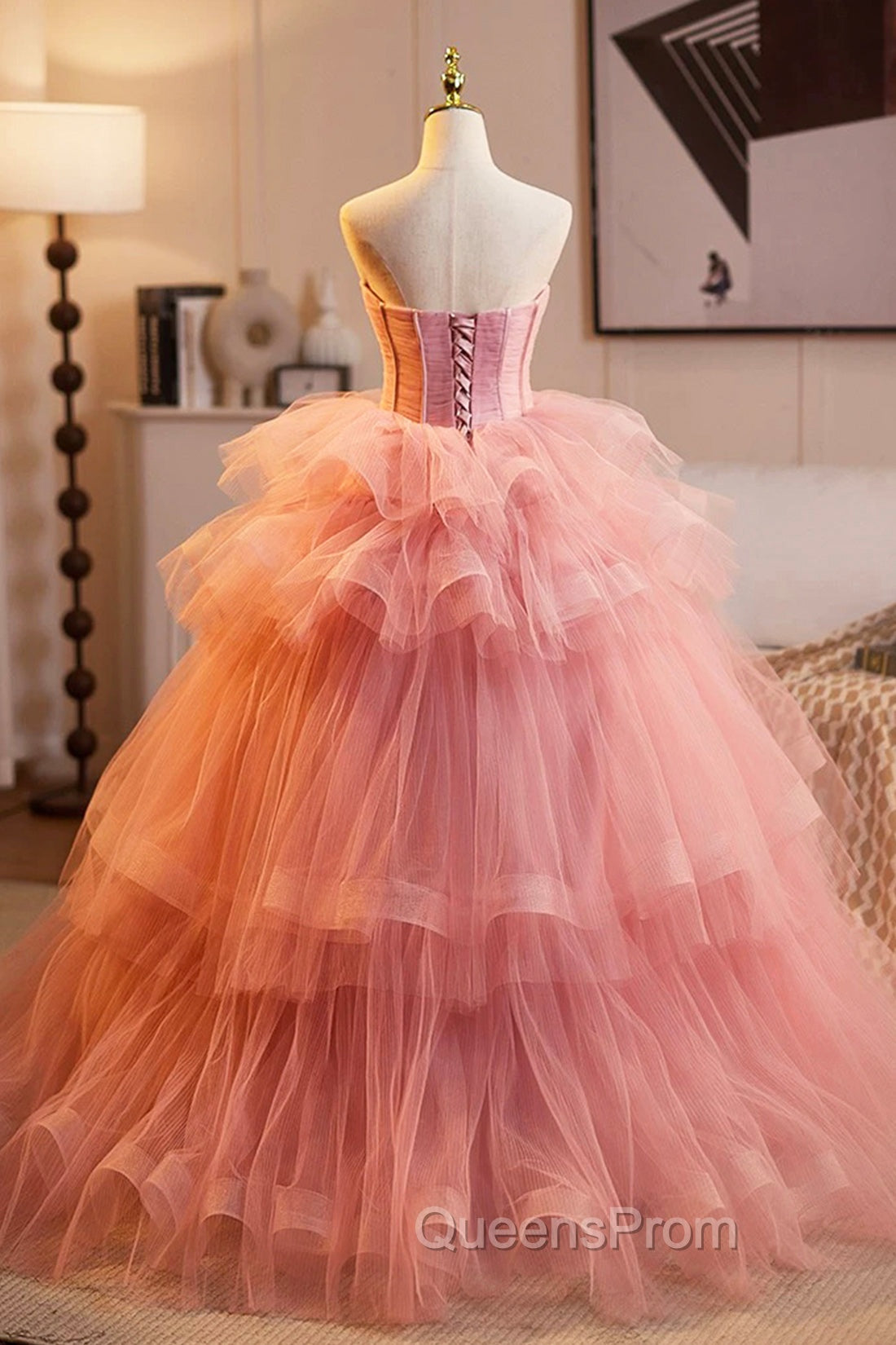 Pink Strapless Tulle Layers Ruffles Long Evening Prom Evening Dress, Pink Sweet 16 Dress