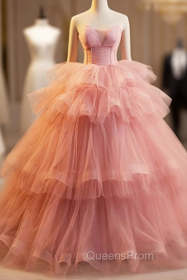 Pink Strapless Tulle Layers Ruffles Long Evening Prom Evening Dress, Pink Sweet 16 Dress Main image