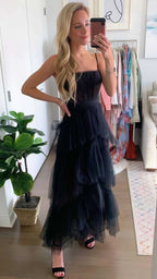Pink Spaghetti Straps Tulle Long Classy Prom Dress Classy Evening Dress Ruffles Full Length Dress
