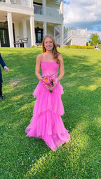 Pink Spaghetti Straps Tulle Long Classy Prom Dress Classy Evening Dress Ruffles Full Length Dress