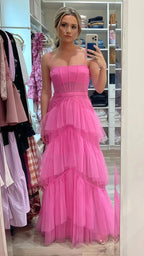 Pink Spaghetti Straps Tulle Long Classy Prom Dress Classy Evening Dress Ruffles Full Length Dress