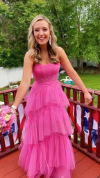 Pink Spaghetti Straps Tulle Long Classy Prom Dress Classy Evening Dress Ruffles Full Length Dress