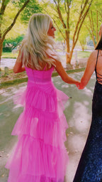 Pink Spaghetti Straps Tulle Long Classy Prom Dress Classy Evening Dress Ruffles Full Length Dress