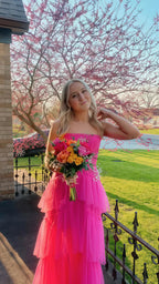 Pink Spaghetti Straps Tulle Long Classy Prom Dress Classy Evening Dress Ruffles Full Length Dress