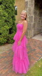 Pink Spaghetti Straps Tulle Long Classy Prom Dress Classy Evening Dress Ruffles Full Length Dress