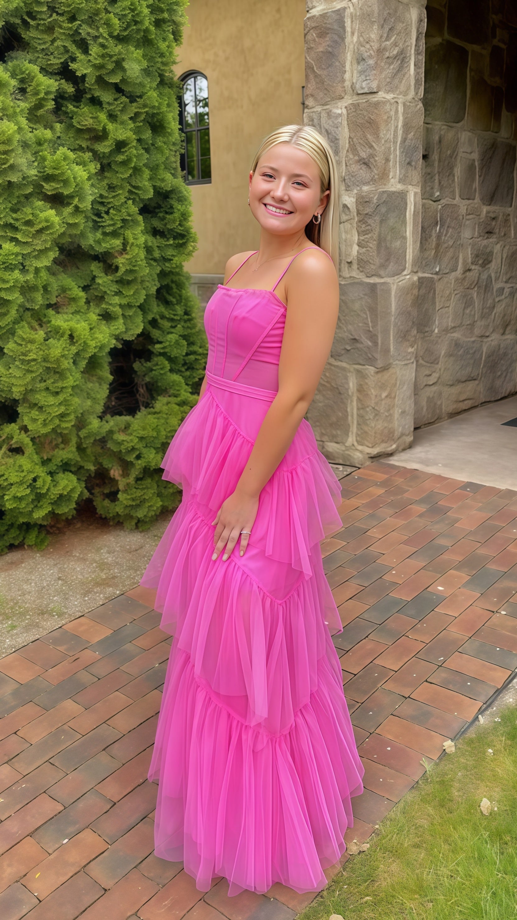 Pink Spaghetti Straps Tulle Long Classy Prom Dress Classy Evening Dress Ruffles Full Length Dress