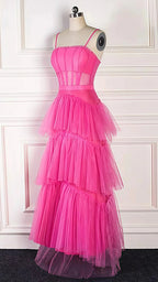 Pink Spaghetti Straps Tulle Long Classy Prom Dress Classy Evening Dress Ruffles Full Length Dress