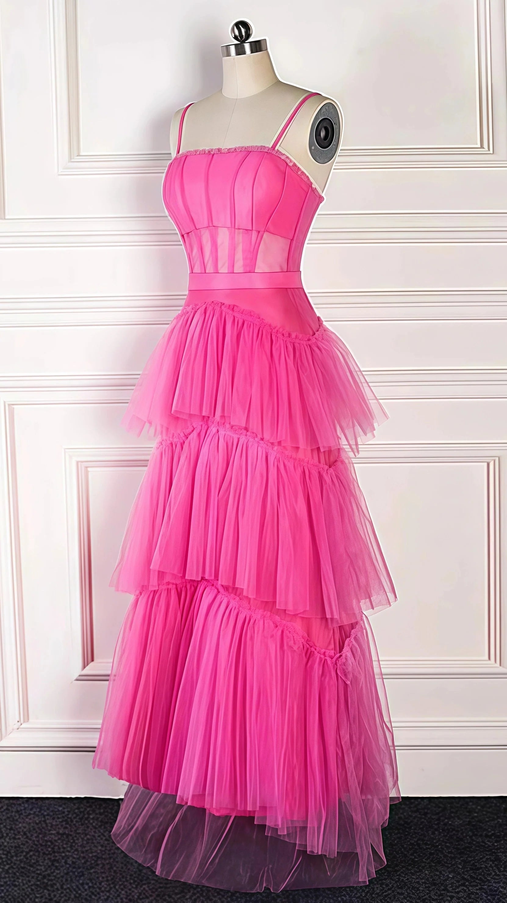 Pink Spaghetti Straps Tulle Long Classy Prom Dress Classy Evening Dress Ruffles Full Length Dress
