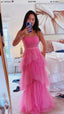 Pink Spaghetti Straps Tulle Long Classy Prom Dress Classy Evening Dress Ruffles Full Length Dress