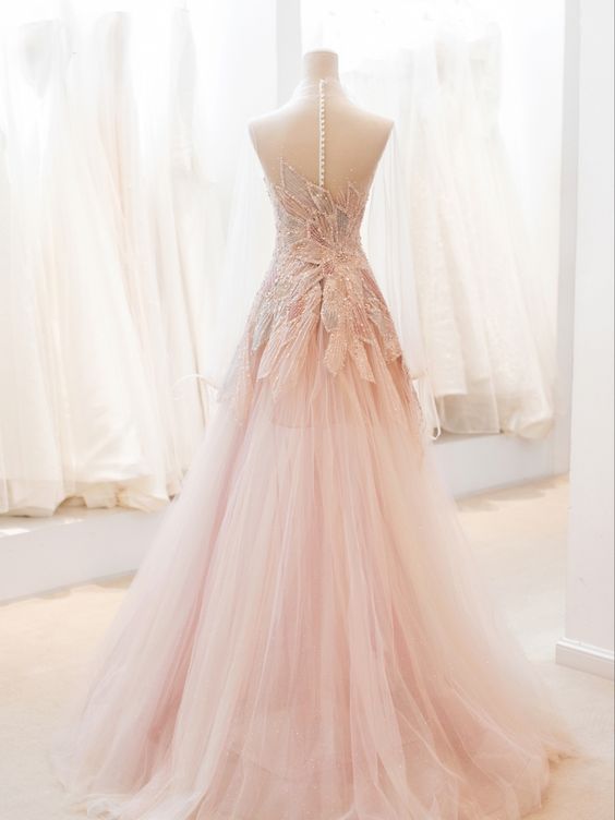 Pink StraplessTulle Ball Gown Beaded Shiny Classy Prom Dress Pink Sweet 16 Dress